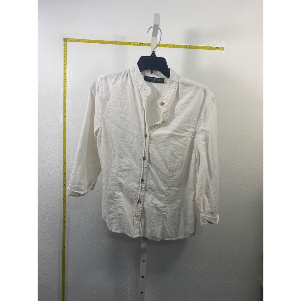 Harve Benard White Mandarin Collar Button Up Shirt 3/4 Sleeve Blouse Linen Look‎